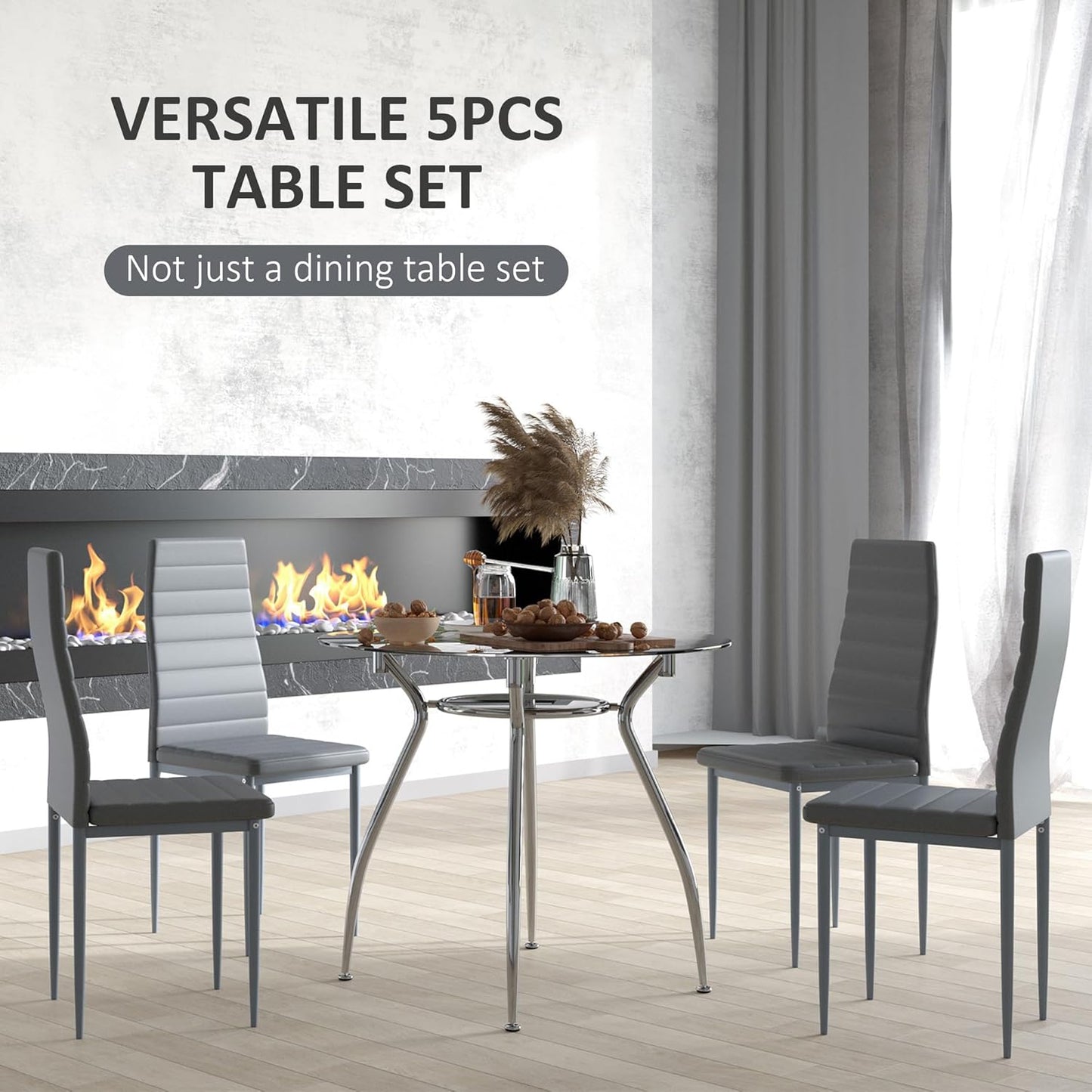 Five-Piece Dining Home Set, with Padded Chairs and Glass-Top Table - Grey