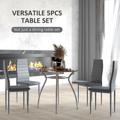 Five-Piece Dining Home Set, with Padded Chairs and Glass-Top Table - Grey