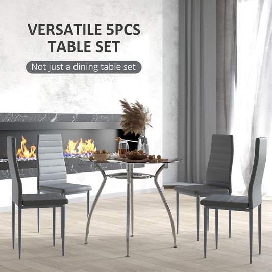 Five-Piece Dining Home Set, with Padded Chairs and Glass-Top Table - Grey