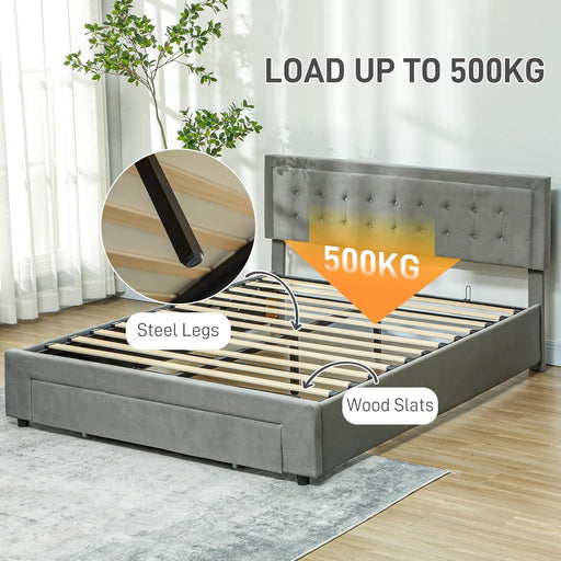 King Size Ottoman Bed Frame with Hydraulic Lifting Storage, Wheeled Drawer, Adjustable Velvet Upholstered Headboard, Wooden Slats Mattress Foundation, No Box Spring Needed, Grey