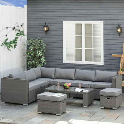 6 Pieces Outdoor PE Rattan Wicker Corner Sofa Set with 10cm Thick Padded Cushions, Aluminium Conservatory Furniture with Glass Top Coffee Table, Footstools, Grey