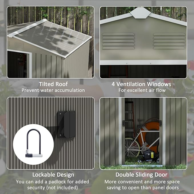 8 x 6ft Outdoor Garden Storage Shed Metal Tool House with Ventilation and Sliding Doors Light Grey
