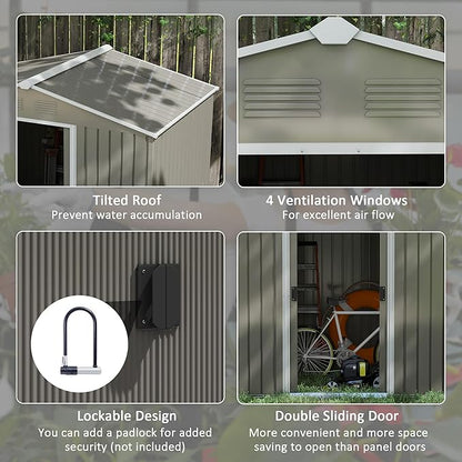 8 x 6ft Outdoor Garden Storage Shed Metal Tool House with Ventilation and Sliding Doors Light Grey