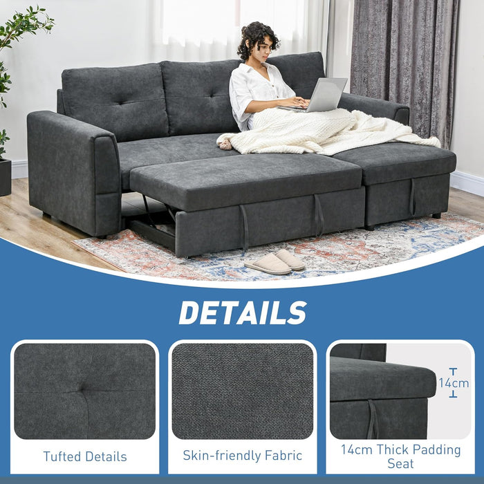 3 Seater Sofa Bed, L-Shaped Corner Sofa, Pull Out Sofa with Storage, Convertible Click Clack Settee Sectional Sleeper Futon for Living Room, Office, Dark Grey