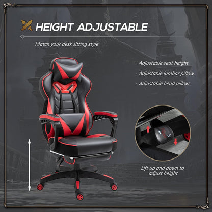 Computer Gaming Chair, Racing Desk Chair with Lumbar Support and Footrest, PU Leather Gamer Chair with Headrest and Swivel Wheels for Home, Red