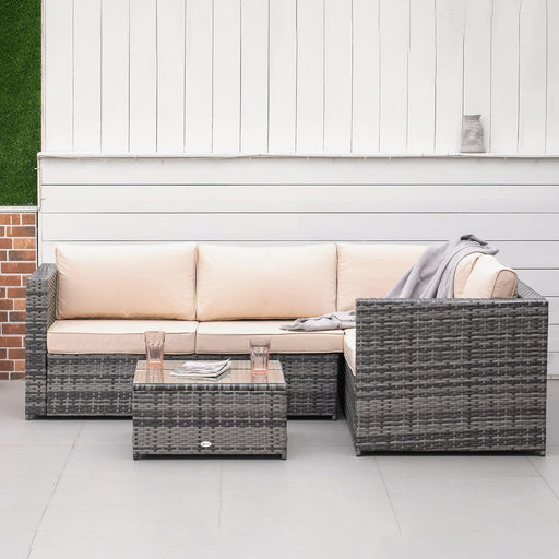 3Pcs Rattan Garden Furniture 4 Seater Outdoor Patio Corner Sofa Chair Set with Coffee Table Thick Cushions, Beige