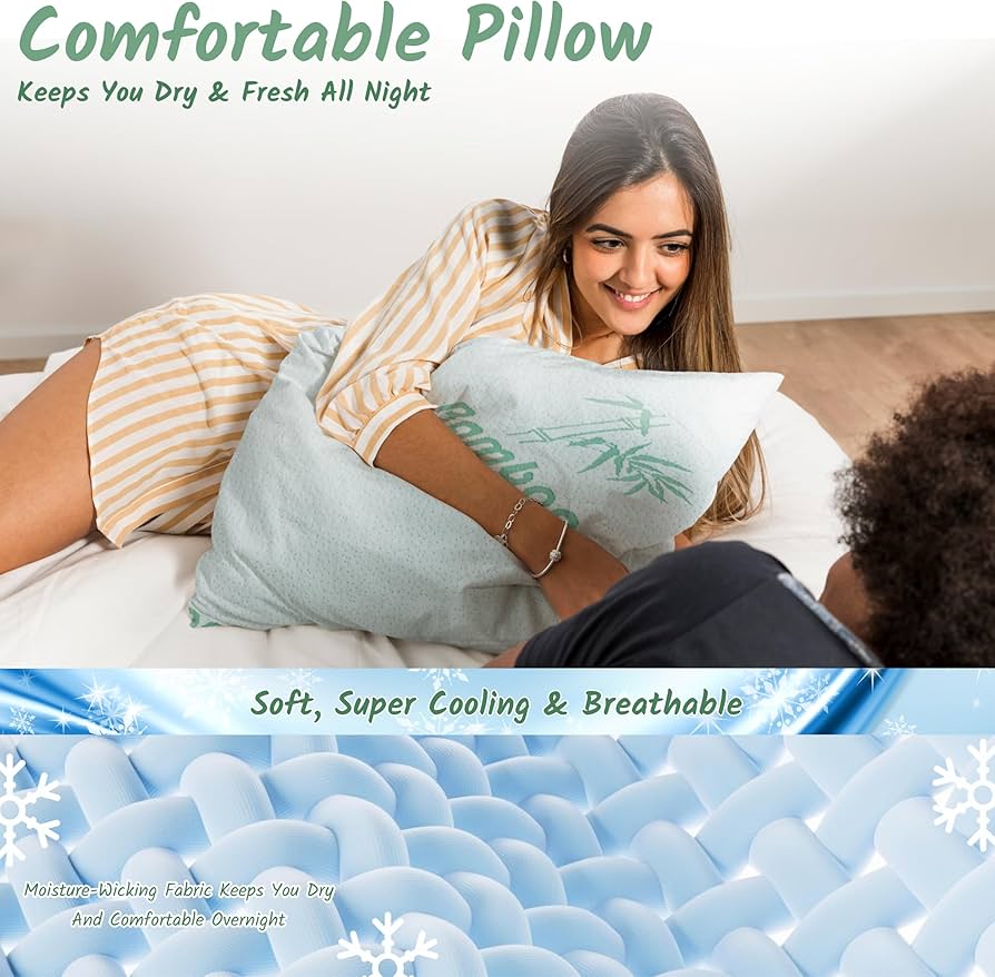 Set of Two Bamboo Premium Pillows - Premium soft touch bamboo fabric for natural posture alignment & extra silk like hollowfibre filling