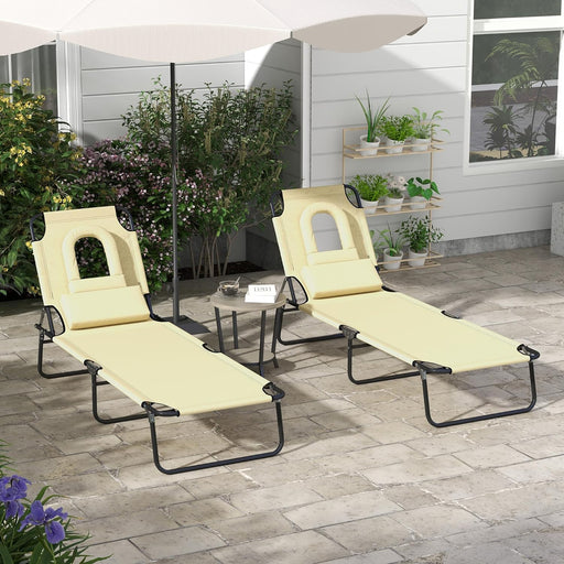 Reclining Sun Lounger Chair Set with Pillow and Reading Hole, Beige