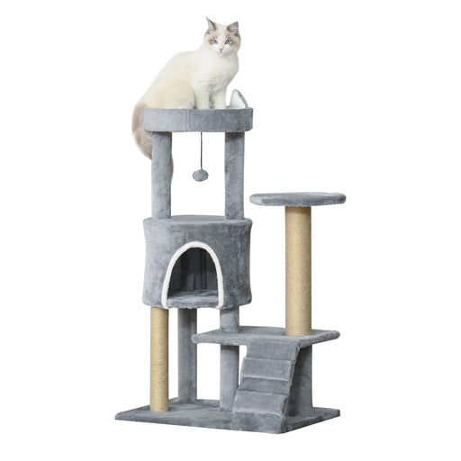 100cm Cat Tree Tower Condo Multi Platform Kitty Cat Center with Climbing Ladder Scratching Post Hanging Toy Ball, Light Grey