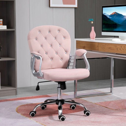 Office Chair Ergonomic 360¬¨‚àû Swivel Diamond Tufted Home Work Velour Padded Base 5 Castor Wheels Pink