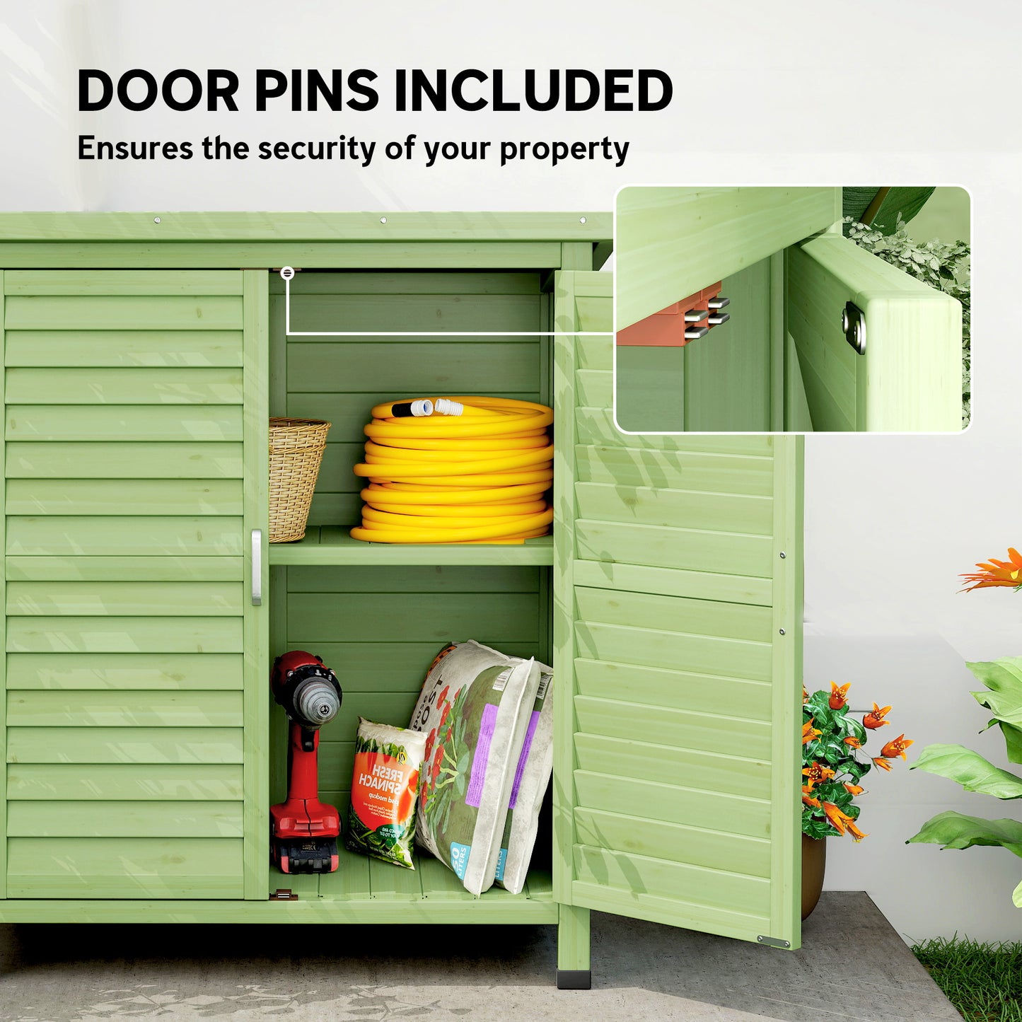 Garden Storage Shed Solid Wood Garage Organisation w/ Doors, Green