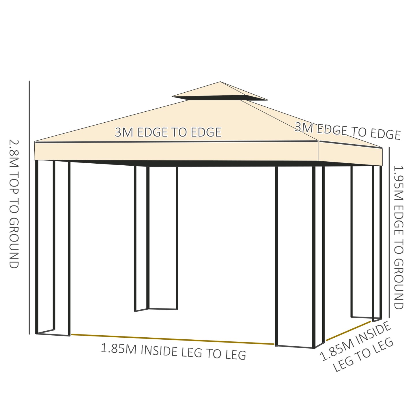 Outsunny 3(m) x 3(m) Garden Gazebo, Double Roof Outdoor Gazebo Canopy Shelter with Netting, Solid Steel Frame, for Garden, Lawn, Backyard, and Deck