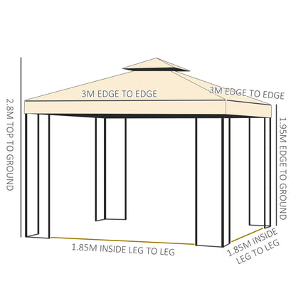 Outsunny 3(m) x 3(m) Garden Gazebo, Double Roof Outdoor Gazebo Canopy Shelter with Netting, Solid Steel Frame, for Garden, Lawn, Backyard, and Deck