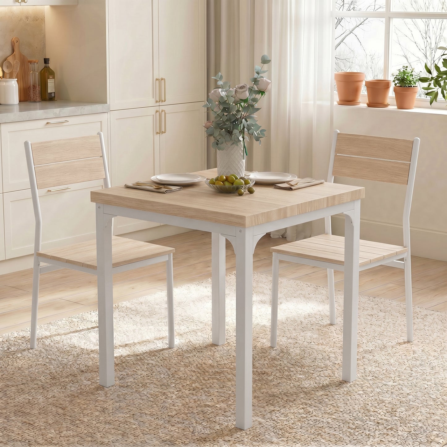 3 Pcs Compact Dining Table 2 Chairs Set, Oak Wood Effect