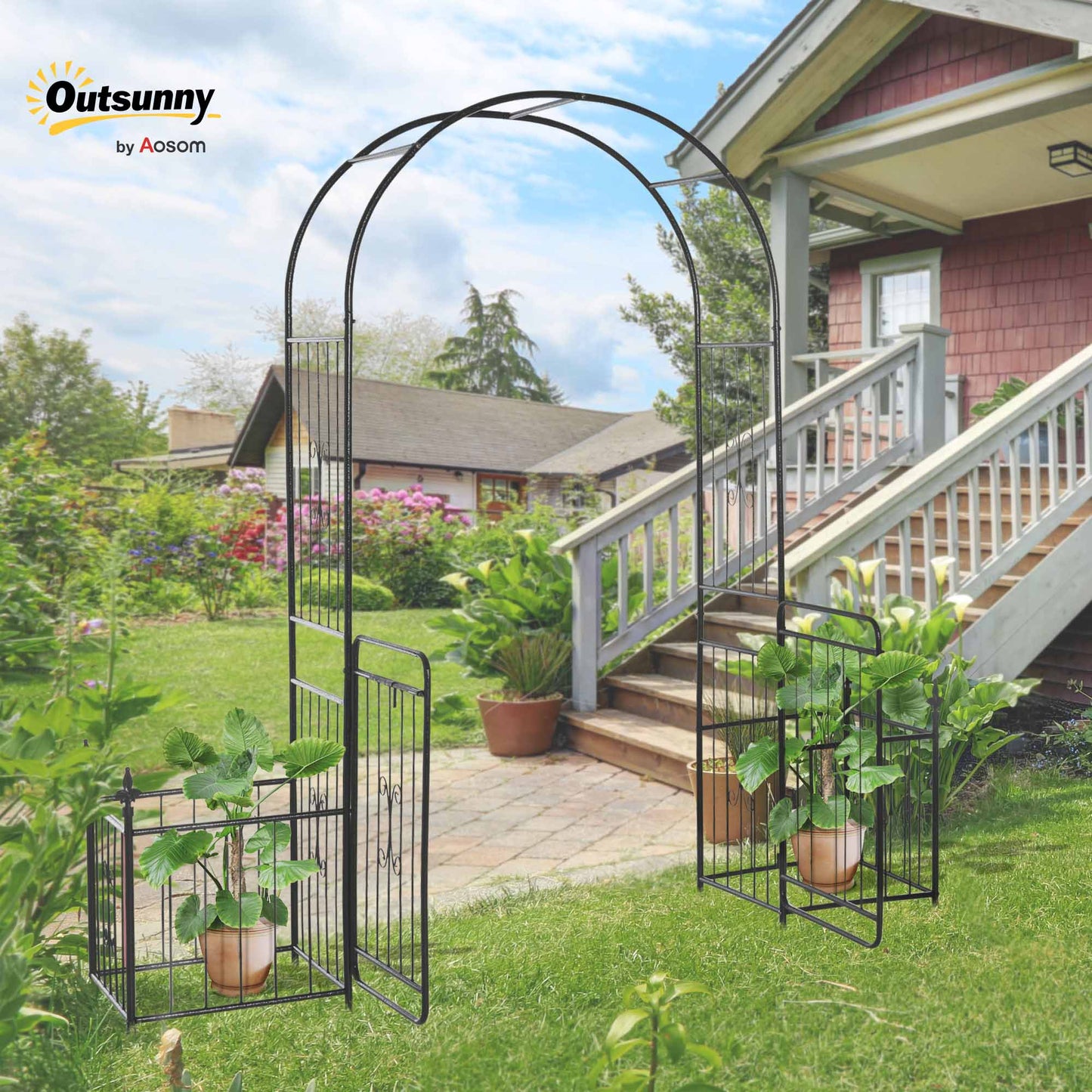 Metal Garden Arbor Arch with Double Doors, 2 Side Planter Baskets, Climbing Vine Frame, Black