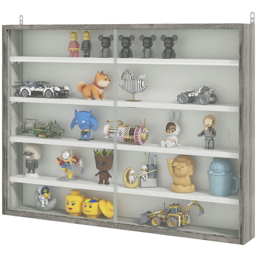 5-Tier Wall Display Shelf Unit Cabinet w/ 4 Adjustable Shelves Glass Doors Home Office Ornaments 60x80cm Grey Wood Grain