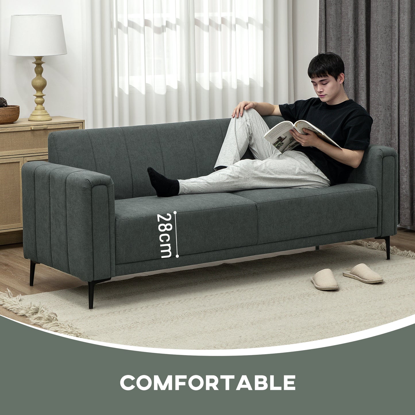 3 Seater Sofa, Modern Fabric Couch with Channel Tufted, Grey