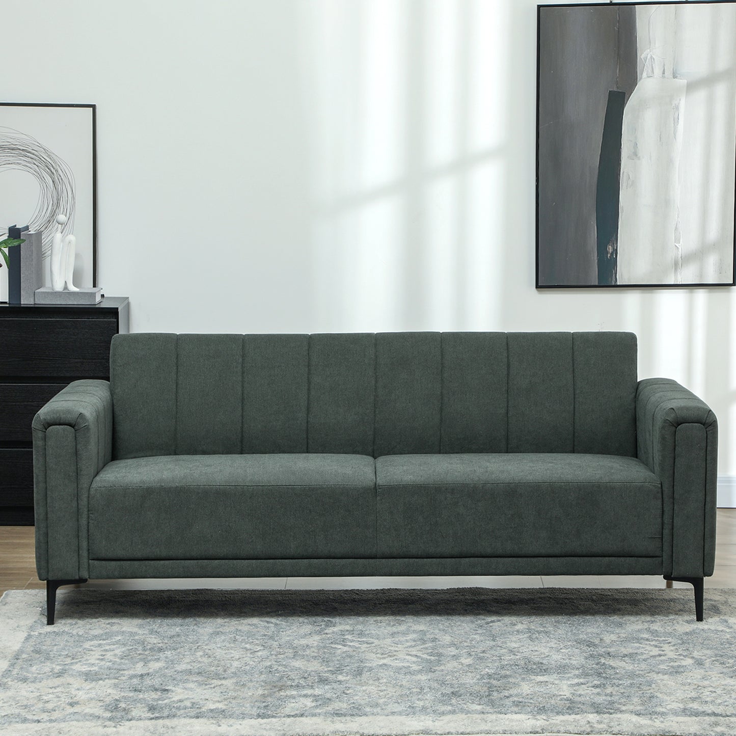 3 Seater Sofa, Modern Fabric Couch with Channel Tufted, Grey