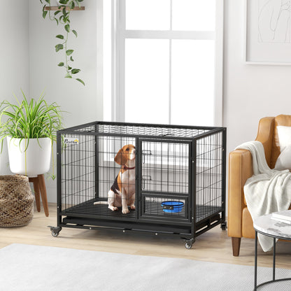 43" Heavy Duty Dog Crate on Wheels w/ Bowl Holder, Removable Tray