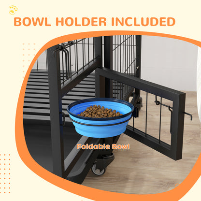 43" Heavy Duty Dog Crate on Wheels w/ Bowl Holder, Removable Tray