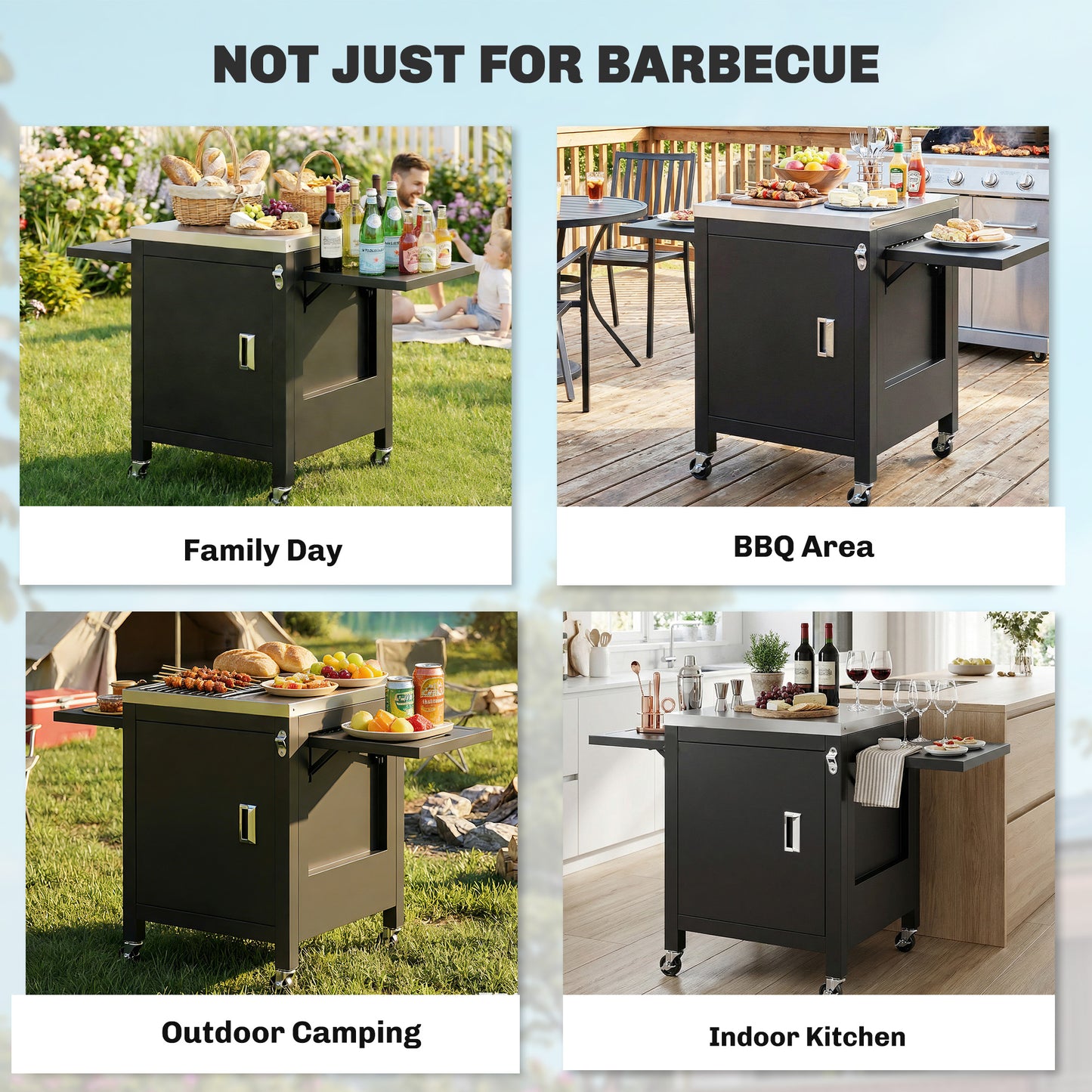 Outdoor Grill Cart, Movable Food Prep Cart on Wheels, Black