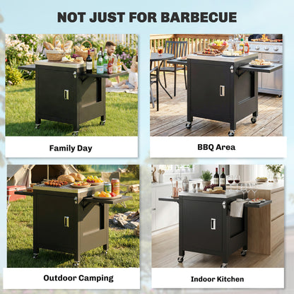 Outdoor Grill Cart, Movable Food Prep Cart on Wheels, Black