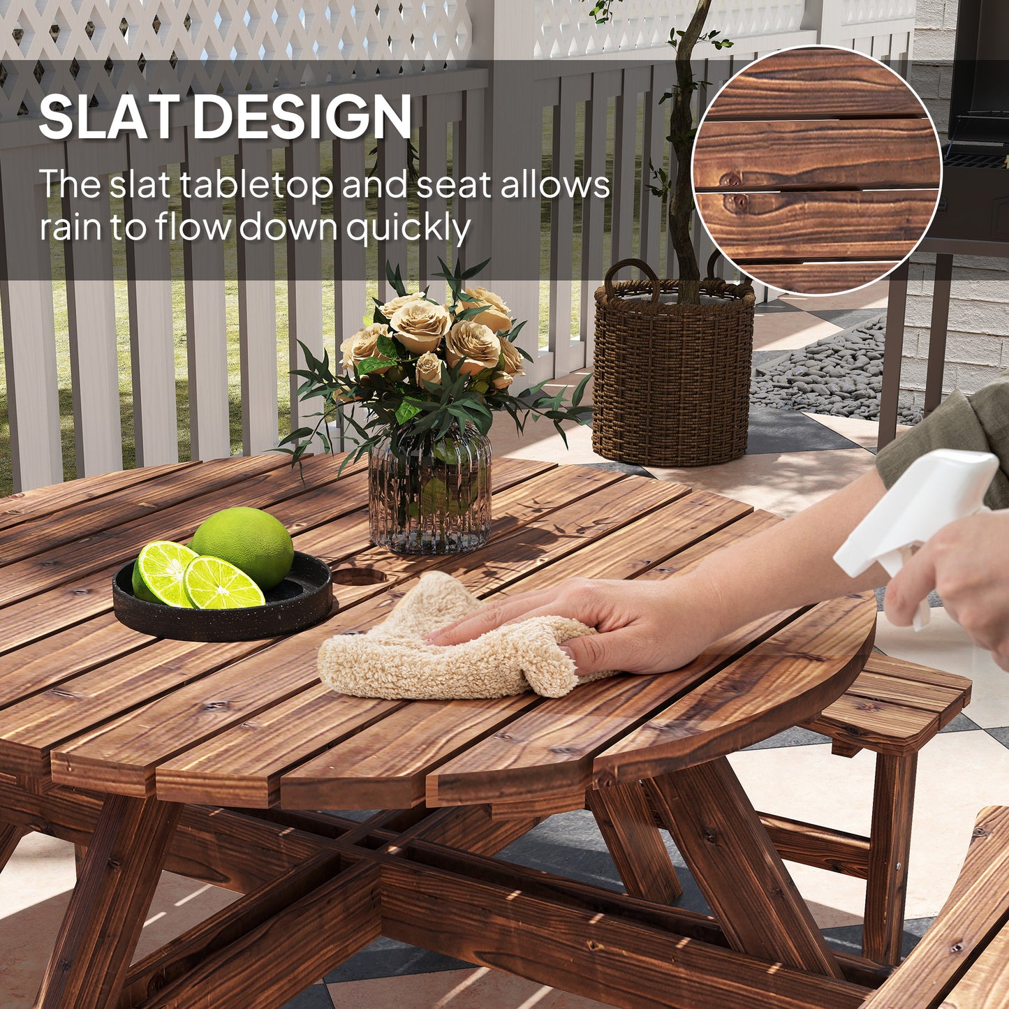 Wooden Garden Dining Set with Parasol Hole for Outdoor, Tan