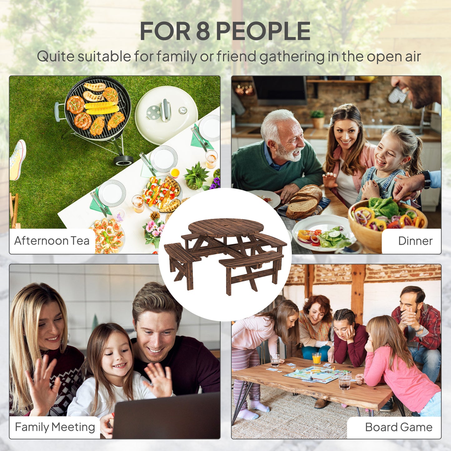 Wooden Garden Dining Set with Parasol Hole for Outdoor, Tan