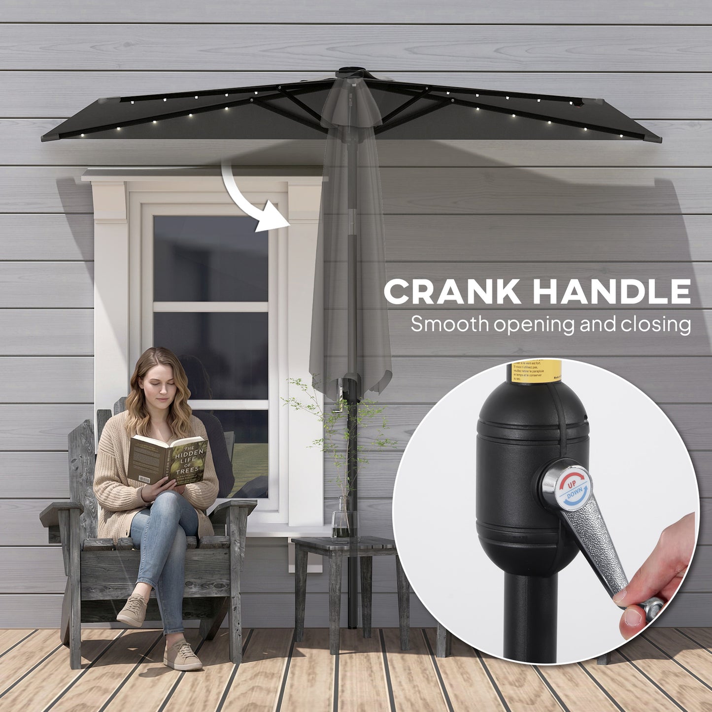 2.6 m Half Parasol with Solar Lights, UPF50+ Semi Round Umbrella