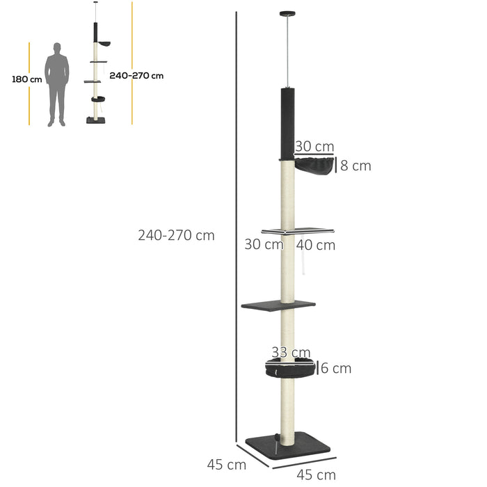 5-Tier Cat Tree, Floor To Ceiling Cat Tree, Cat Tower with Adjustable Height, Multi-level Cat Climbing Tree with Scratching Posts, Black