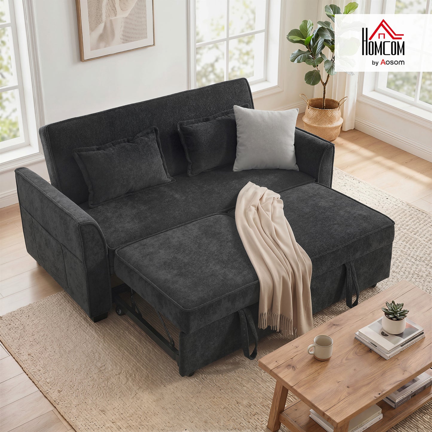 2 Seater Sofa Bed, 4-in-1 Convertible Pull Out Sleeper Sofa, Black