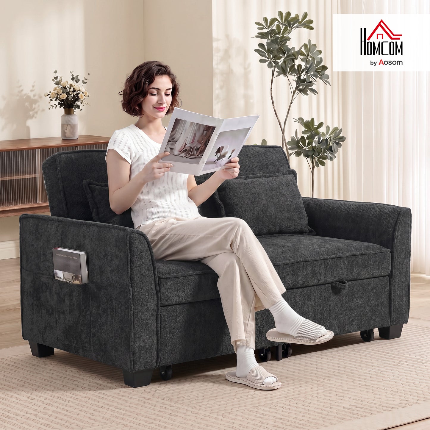 2 Seater Sofa Bed, 4-in-1 Convertible Pull Out Sleeper Sofa, Black