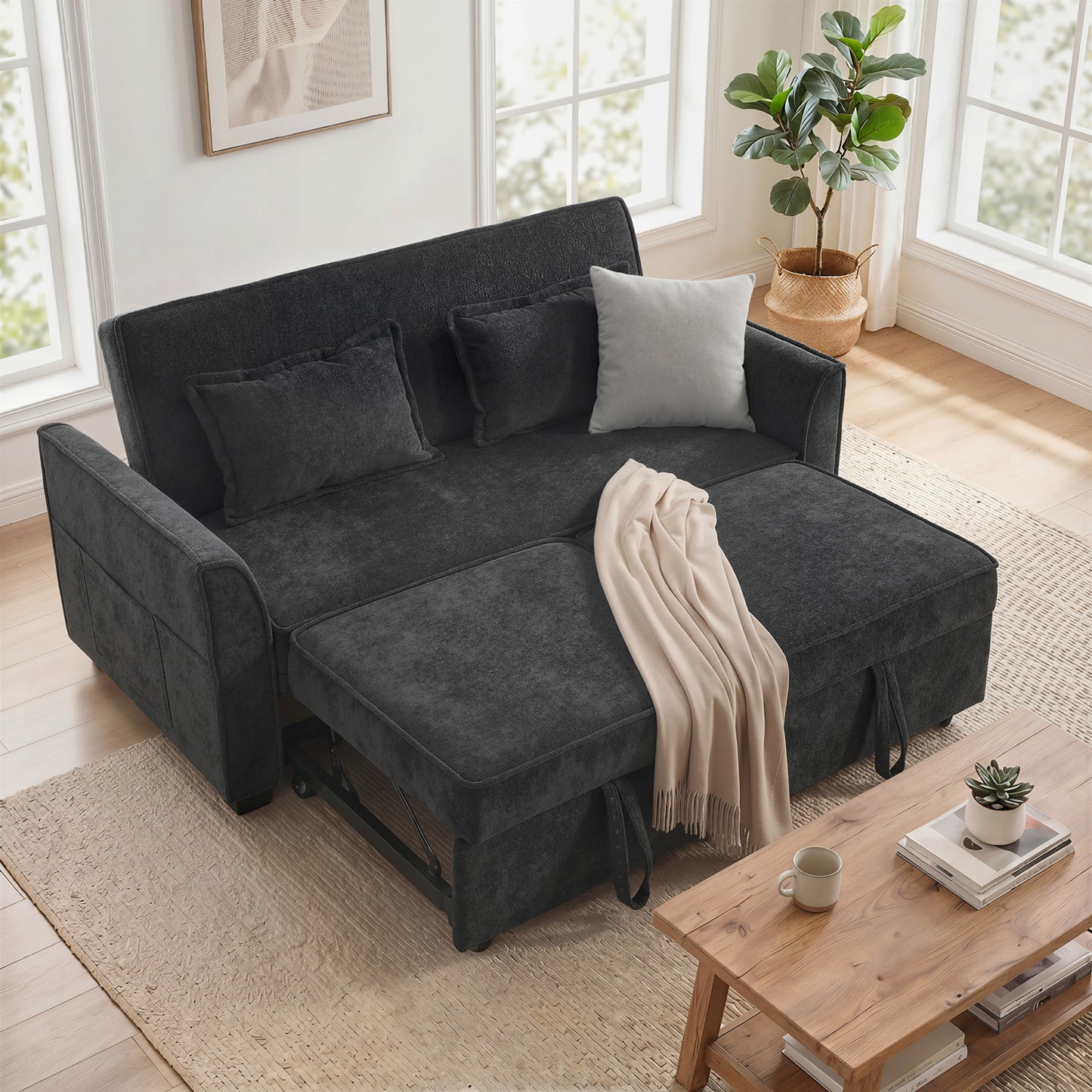 2 Seater Sofa Bed, 4-in-1 Convertible Pull Out Sleeper Sofa, Black