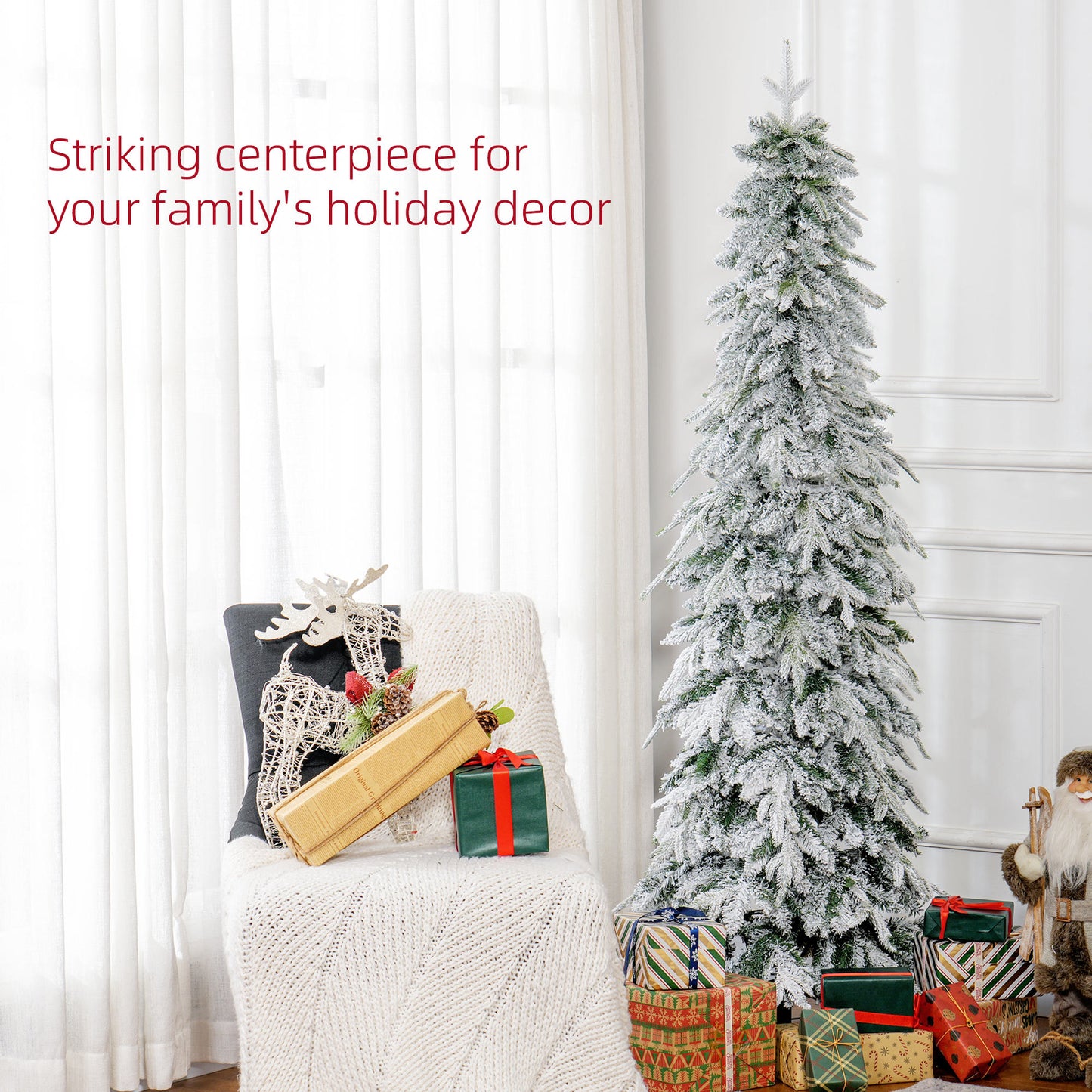 6ft Flocked Pencil Christmas Tree with Auto Open, Steel Base