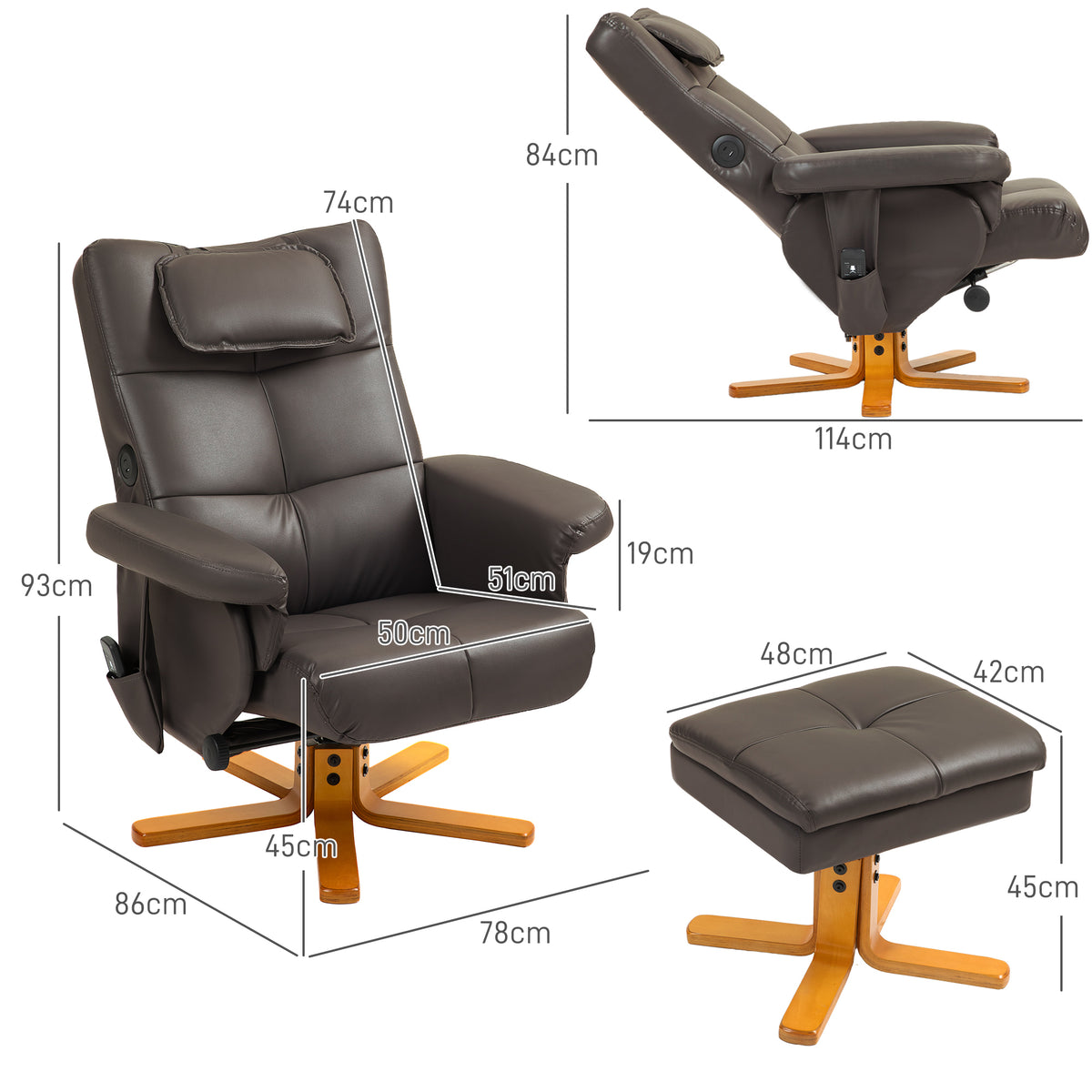 Massage Recliner Chair with Footstool and Hidden Storage, Dark Brown