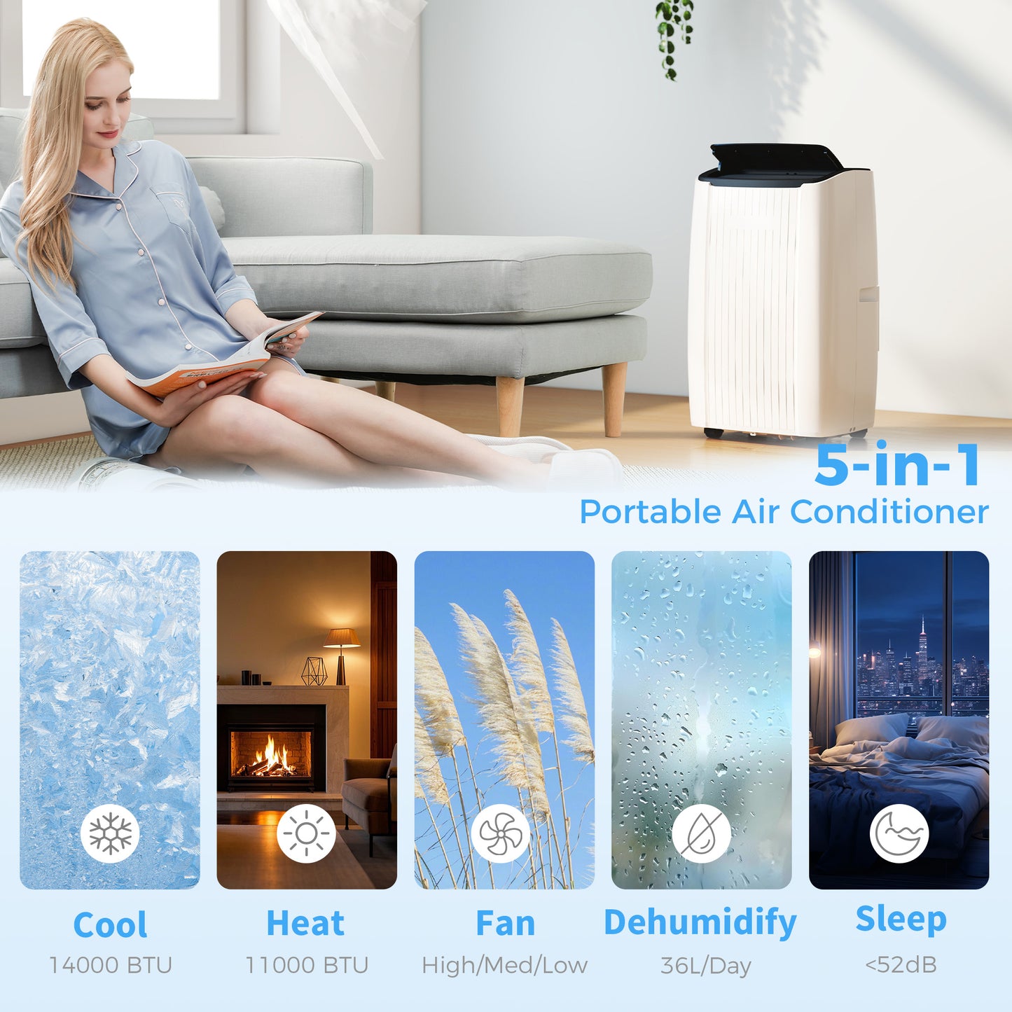14000 BTU AC Unit, Portable Air Conditioner with WiFi Control, White
