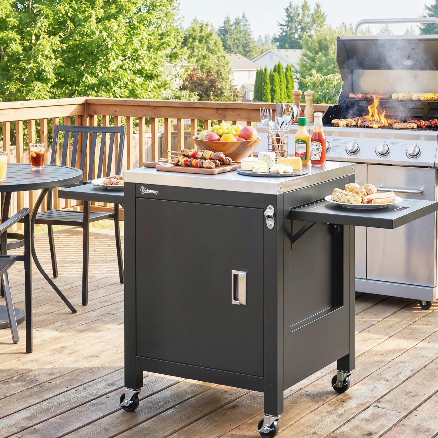 Outdoor Grill Cart, Movable Food Prep Cart on Wheels, Black