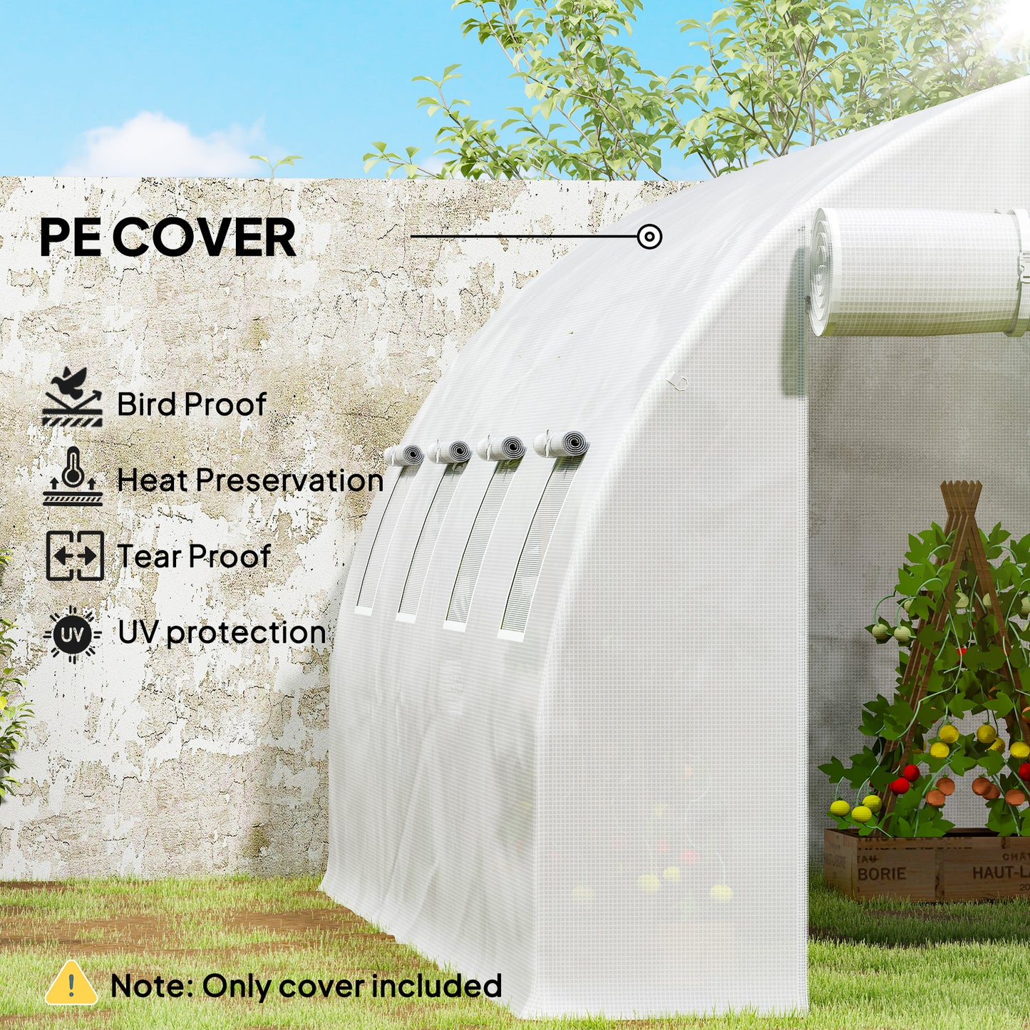 4 x 3 x 2m Polytunnel Greenhouse Replacement Cover ONLY Winter Garden Plant PE Cover for Tunnel Walk-in Greenhouse with Roll-up Windows Door Outdoor, White