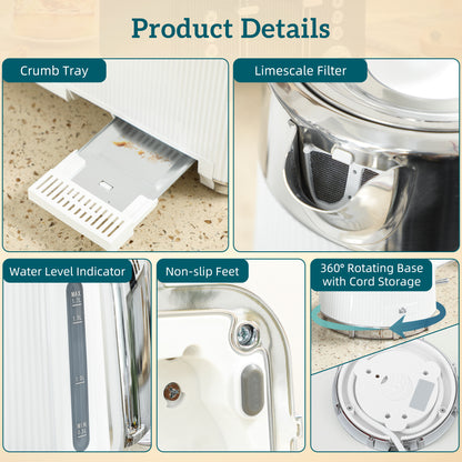 1.7L 3000W Rapid Boil Kettle and 4 Slice Toaster Set Crumb Tray White