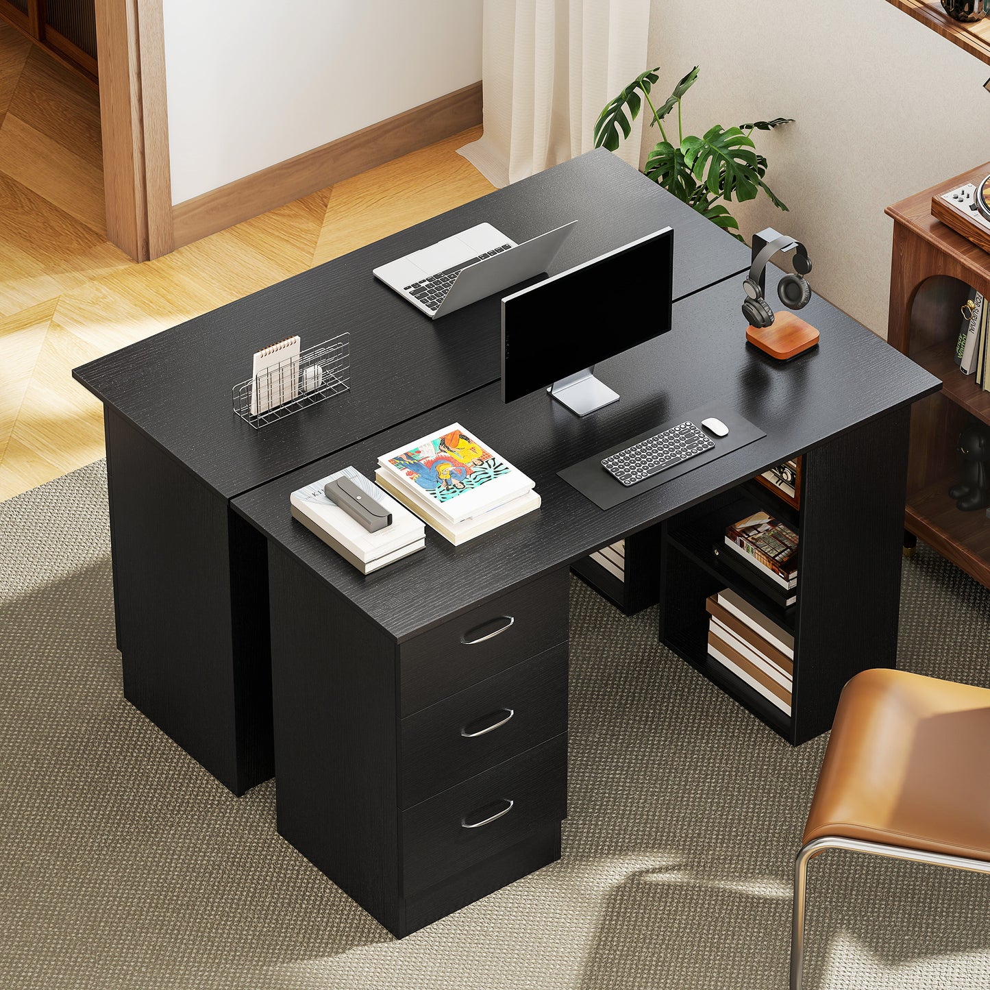 120cm PC Table Workstation Computer Desk with Drawers & 3 Shelf Black