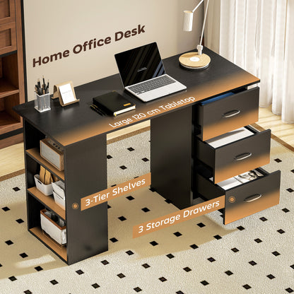 120cm PC Table Workstation Computer Desk with Drawers & 3 Shelf Black