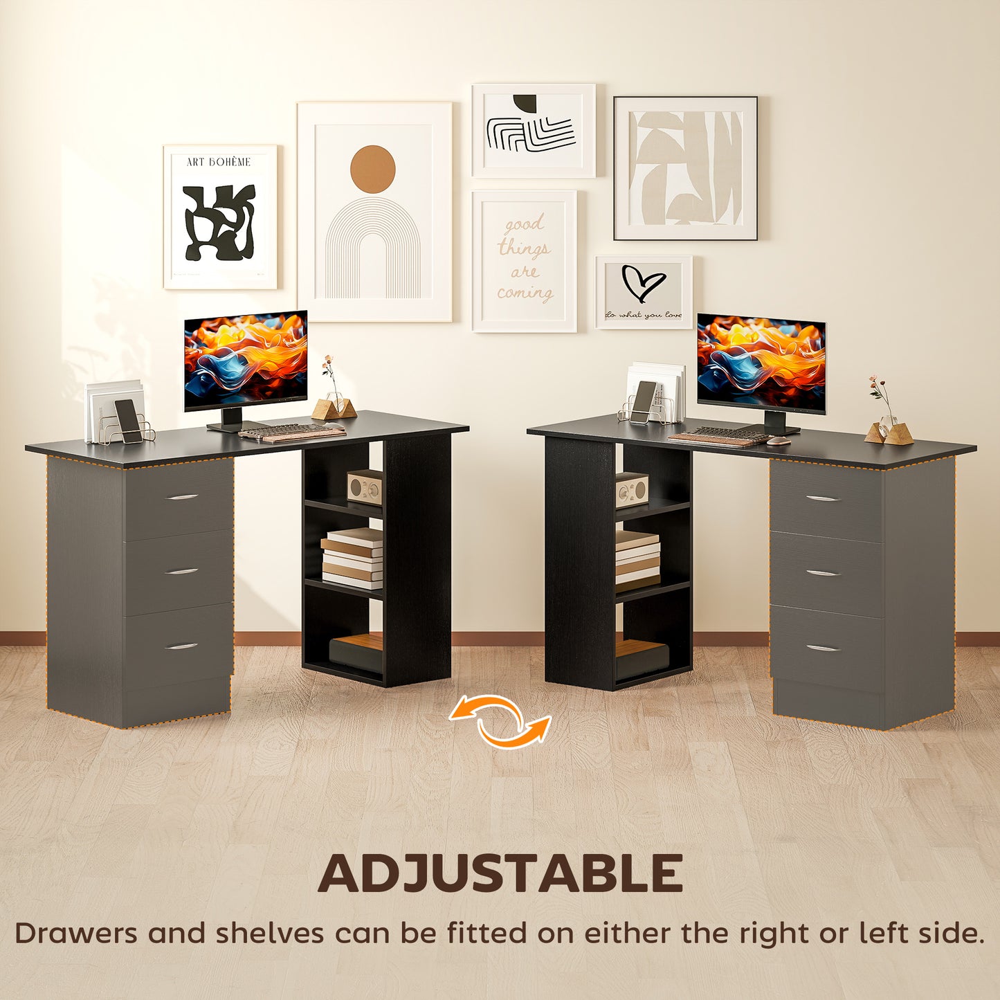 120cm PC Table Workstation Computer Desk with Drawers & 3 Shelf Black