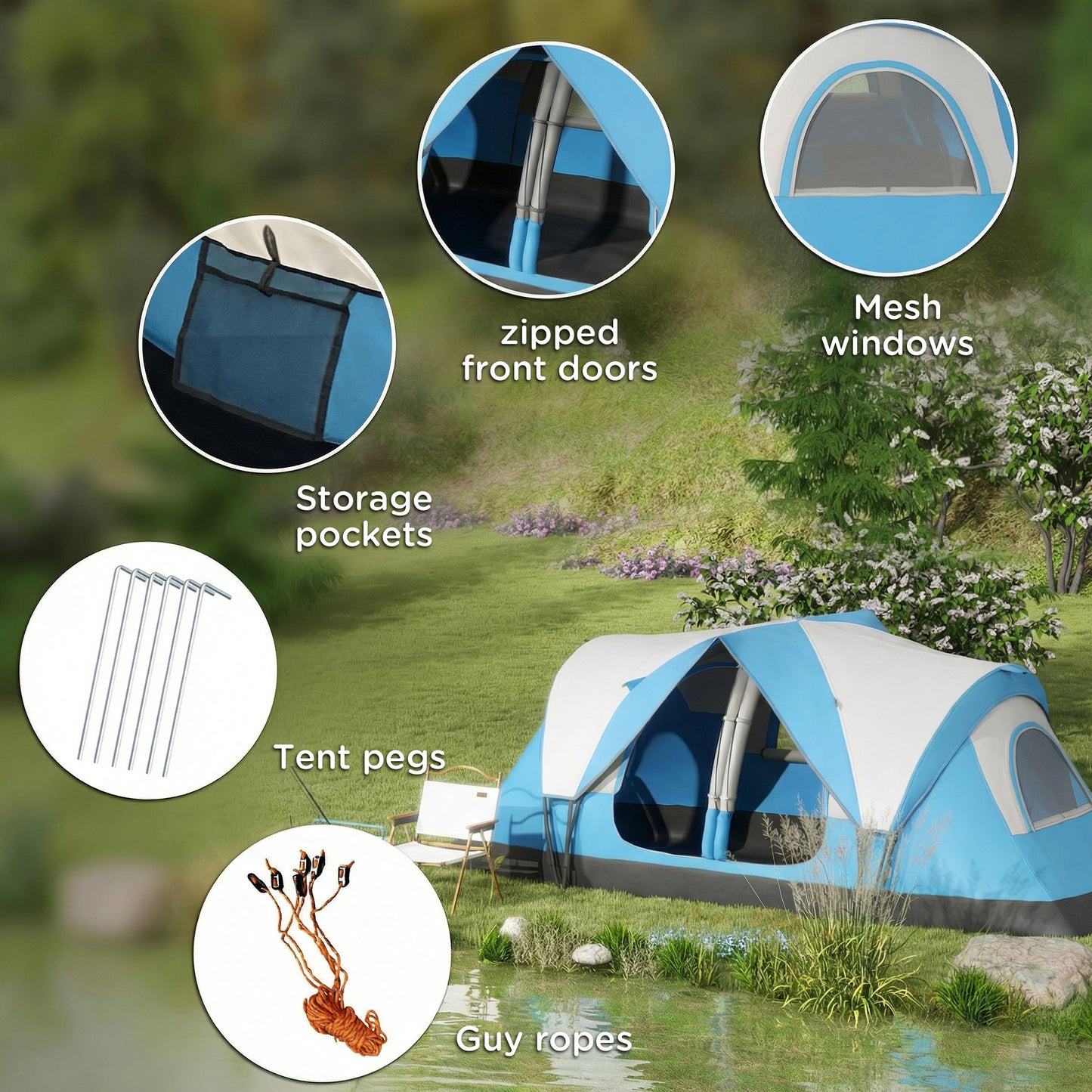 2 Room Camping Tent with Waterproof Rainfly & Screen Panels, Blue