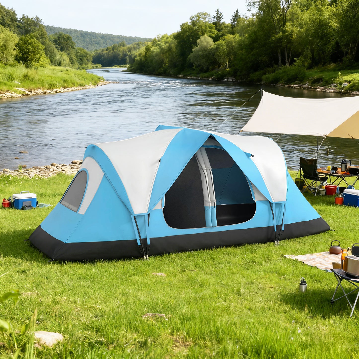 2 Room Camping Tent with Waterproof Rainfly & Screen Panels, Blue