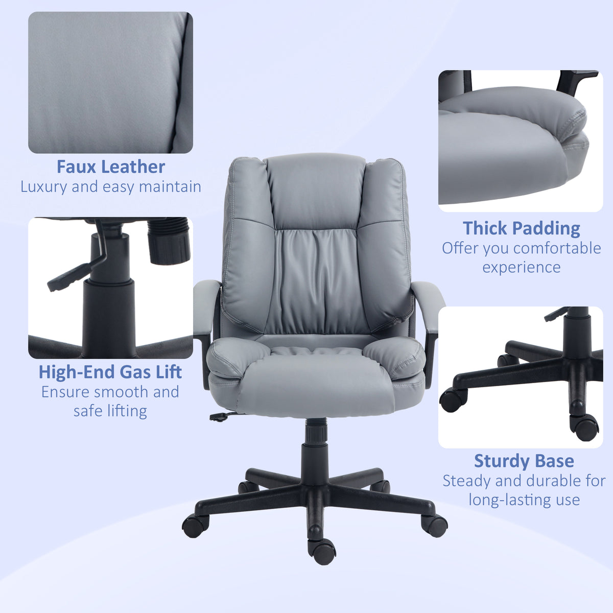 Height-Adjustable Faux Leather Swivel Office Chair with Arms - Light Grey