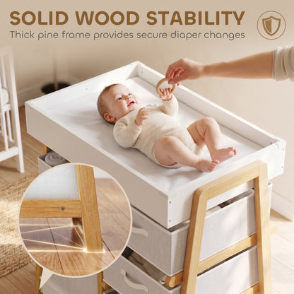 Baby Changing Table with 3 Drawers, Basket, Waterproof Pad