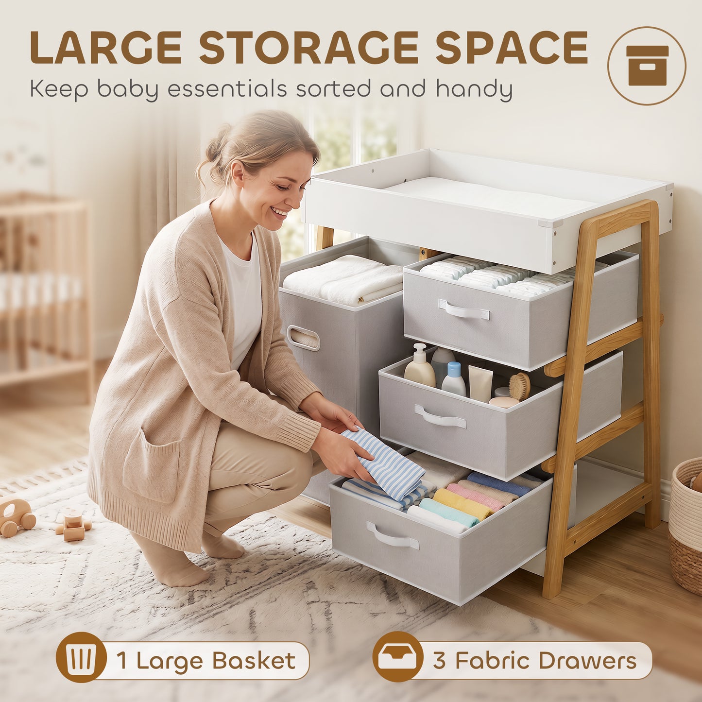 Baby Changing Table with 3 Drawers, Basket, Waterproof Pad