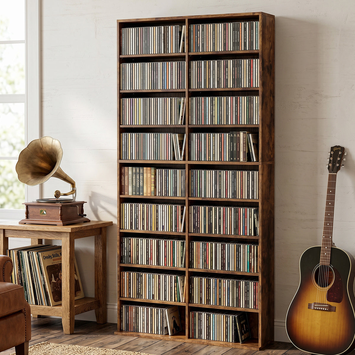 640 CD Storage Unit 360 DVD Storage Tower w/ 18 Compartments Rustic Brown