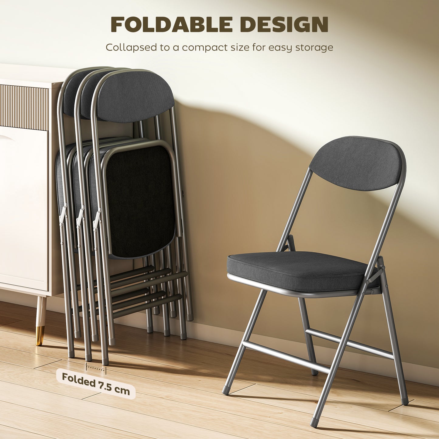 Folding Chairs Set of 4 with Cushioned Seat, Steel Frame, Dark Grey