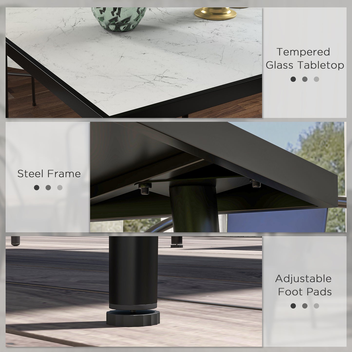 Outdoor Dining Table for 4 with Marble Effect Tempered Glass Top White